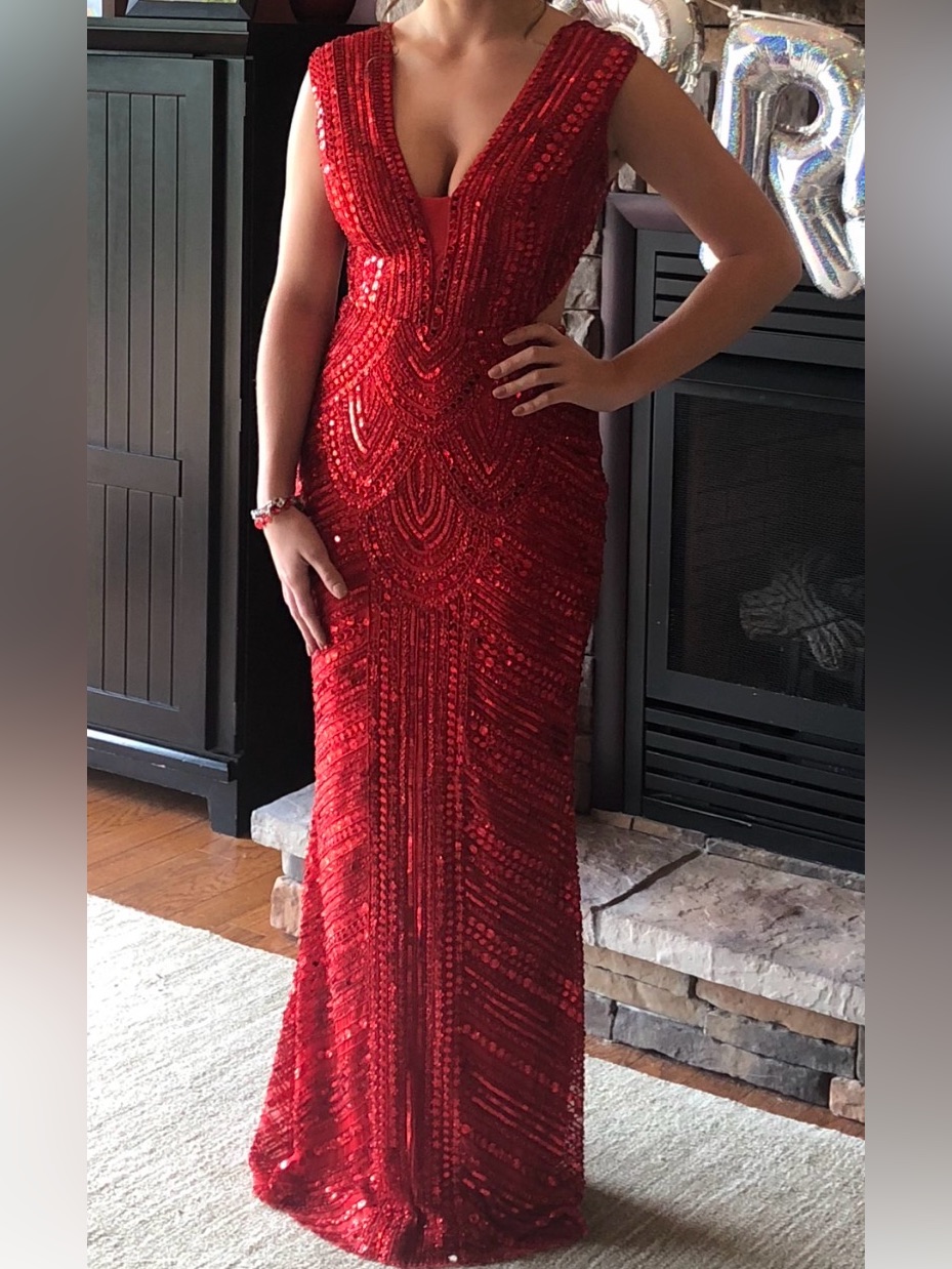 Sherri Hill Red Sequin Plunging V-Neck Prom Gown — image 6 of 6